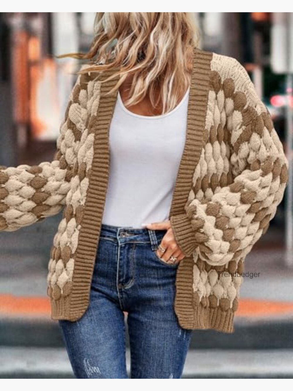 Chunky Cable Knit Lantern Sleeve Open Front Cardigan Sweater Coat - Picture 5 of 7